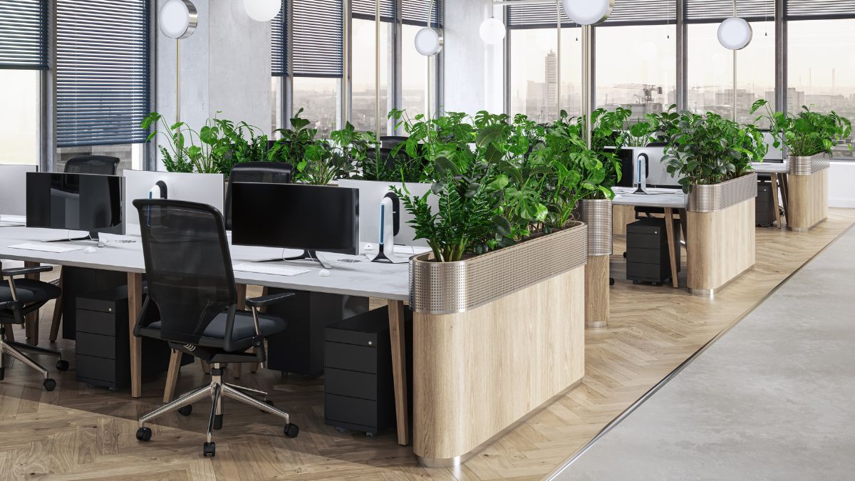 Bürogestaltung: Ein grünes und modernes Büro mit mehreren Arbeitsplätzen.